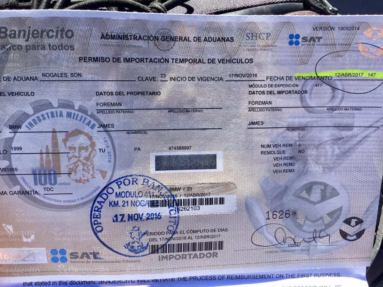 Vehicle Permit to Travel to Mexico
