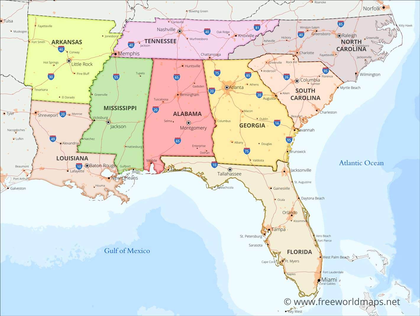 Printable Map of Southeast United States
